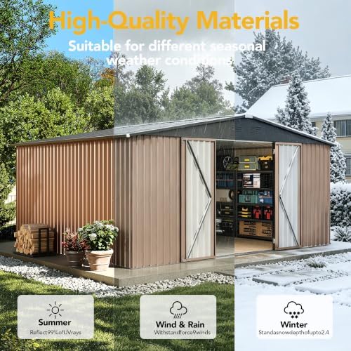 14x12FT Outdoor Storage Shed, Tool Shed with Sloping Roof and Lockable Door, Galvanized Metal Shed for Backyard Garden Patio Lawn, Brown