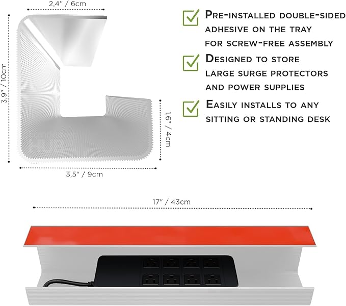 No-Screw Under Desk Cable Management Tray (2-Pack)