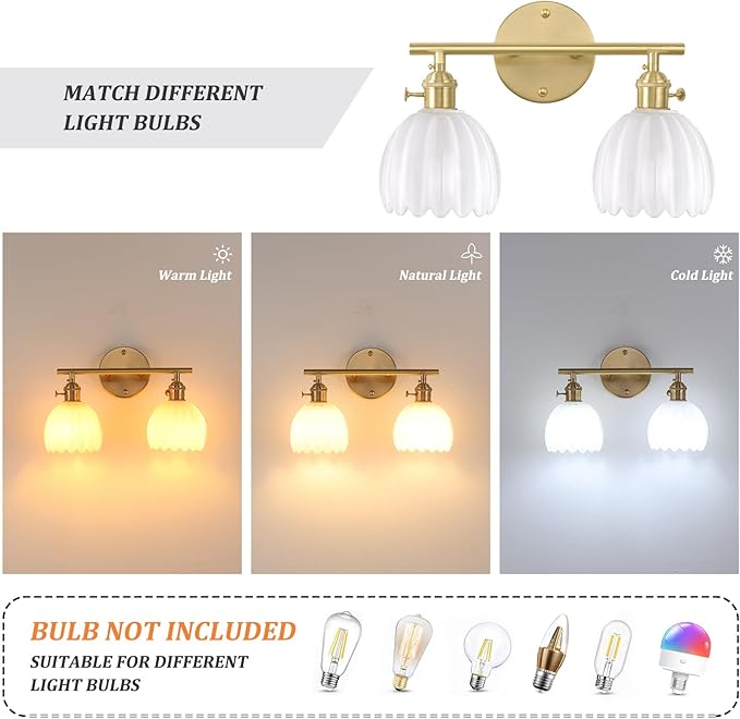 Shenmoyl Bathroom Light Fixtures, 2-Light Brass Vanity Wall Light Over Mirror