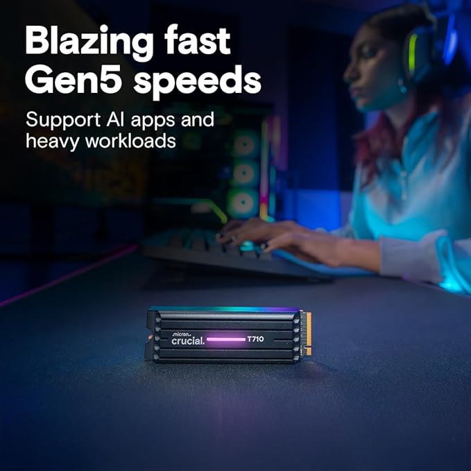Crucial T710 PCIe Gen5 NVMe 2TB SSD – Heatsink, 900 MB/s, Laptop & Desktop