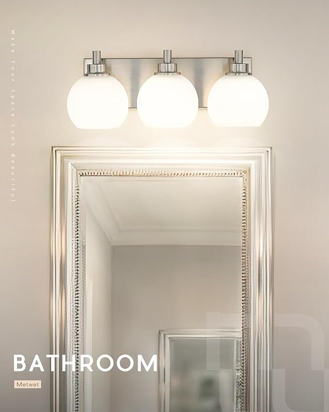 METWET Bathroom Light Fixtures, 3-Light Brushed Nickel Vanity Light, Modern