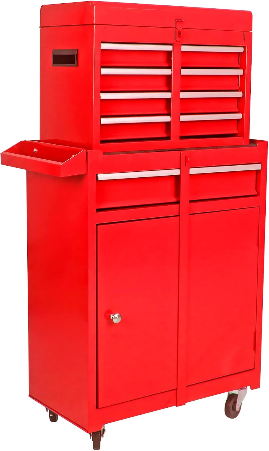 5 Drawer Rolling Tool Chest with Wheels, Tool Storage Cabinet & Tool Box Cart, Snap on Tool Chest with Drawers and Bottom Cabinet and Adjustable Shelf Organizer for Garage Warehouse Workshop - Red