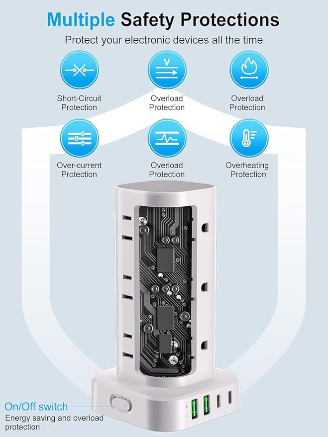 Power Strip Tower with Multiple Outlets, Flat Plug Surge Protector Tower