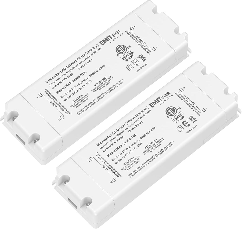 EMITEVER Triac Dimmable Driver, 2 Packs 50W Power Supply, AC 120V to DC 24V