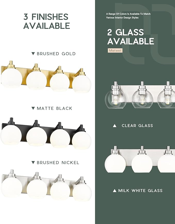 METWET Bathroom Light Fixtures, 4 Light Brushed Nickel Vanity Light, 26 Inch