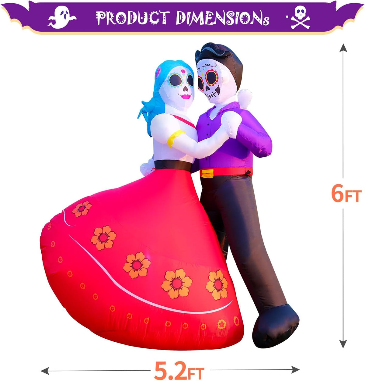 DomKom Halloween Inflatable Blow Up Decorations, Dia de Los Muertos 6FT Day of Dead Catrina Sugar Skull Couple Dancing, Built-in LEDs for Holiday Party, Garden, Lawn, Yard, Patio Décor