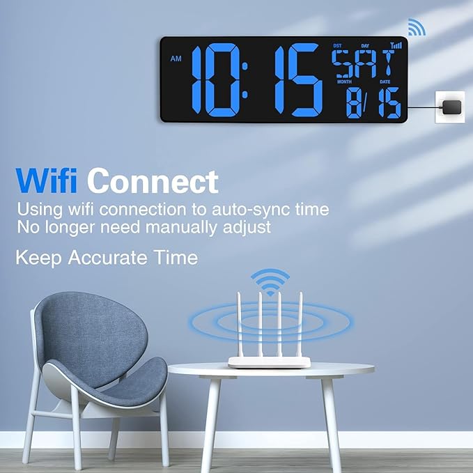 XREXS Large Digital Wall Clock WiFi Sync, 16.5 in Large Display Wall Clock