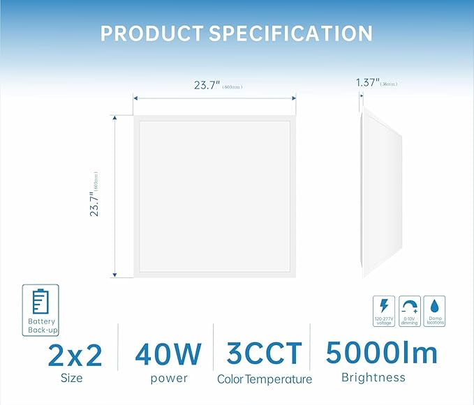 2X2 LED Flat Panel Light Emergency Battery Backup, 40W-3000K/4000K/5000K (6 Pack)