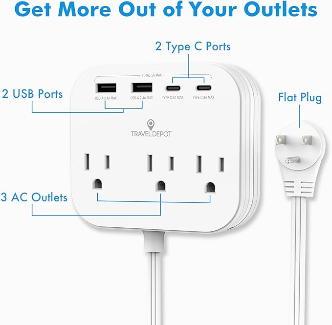 TRAVEL DEPOT Cruise Essentials Flat Plug Power Strip, Durable 5 ft Extension