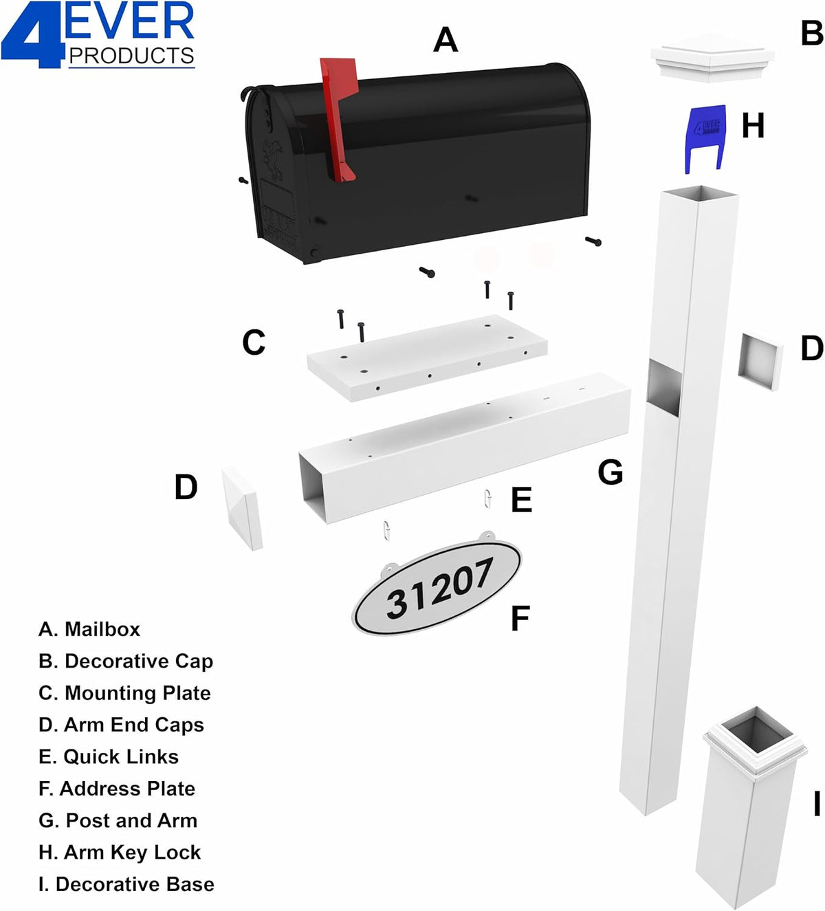 4Ever Products White Vinyl Mailbox Post System with Black Steel Mailbox