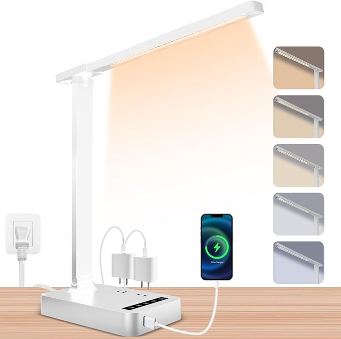 Smart Desk Lamp with 4-in-1 Charging Station, 5 Color temperatures and 5