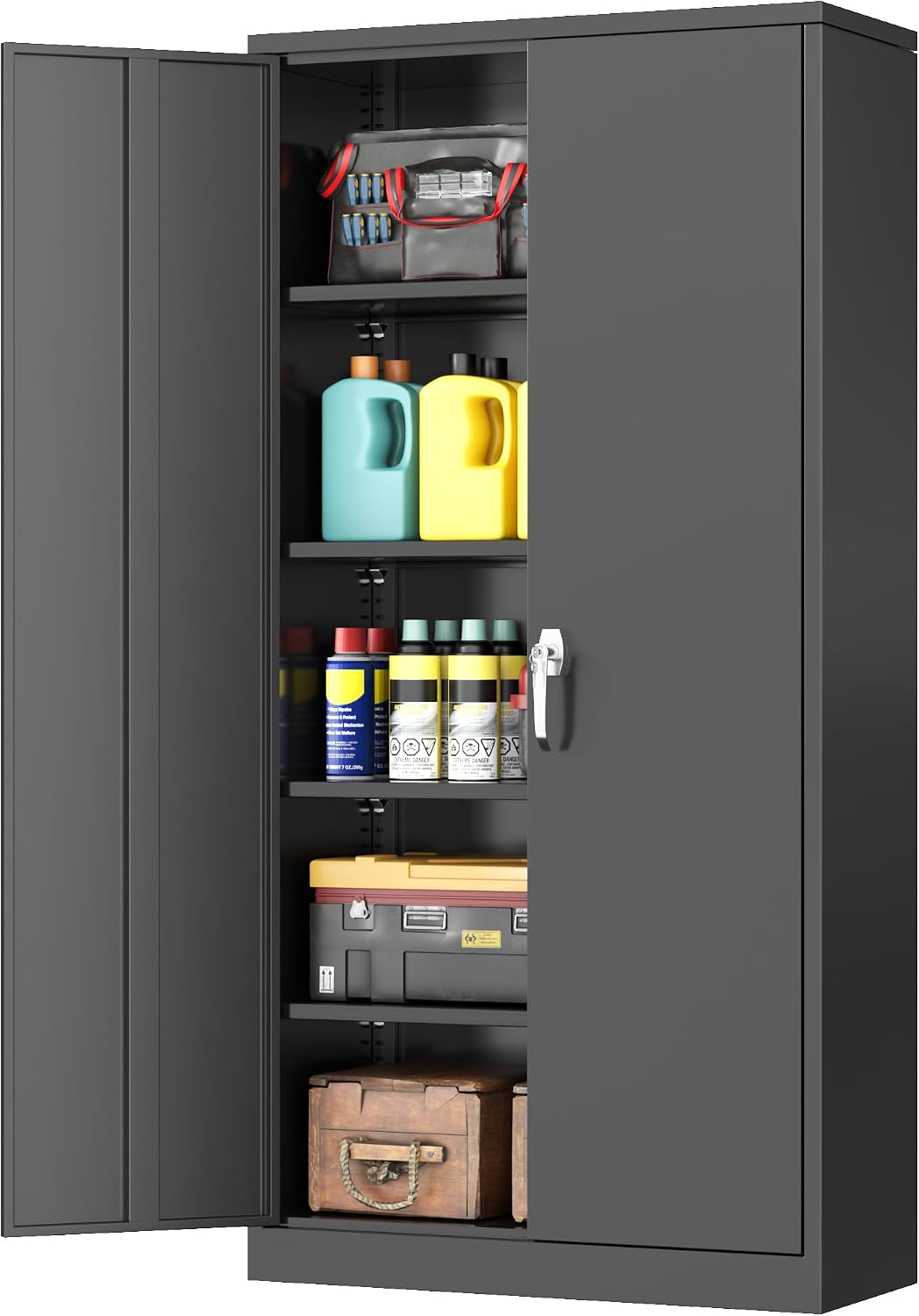 INTERGREAT Storage Cabinet with Doors and Shelves, Metal Garage Storage Cabinets with Lock, Black Lockable Steel Supply Cabinet for Home Office, Warehouse