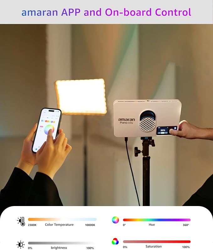 amaran Pano 60c Kit, Compact 60W RGBWW Full Color Panel Light, Support USB-C PD