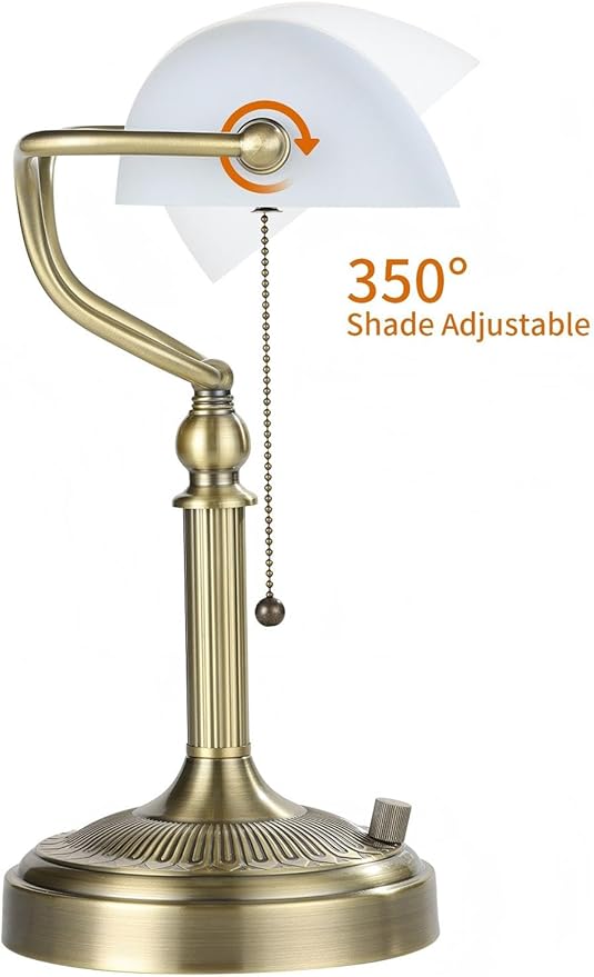 Newrays White Matted Glass Bankers Desk Lamp, Stepless Dimmable Table Lamp Plug