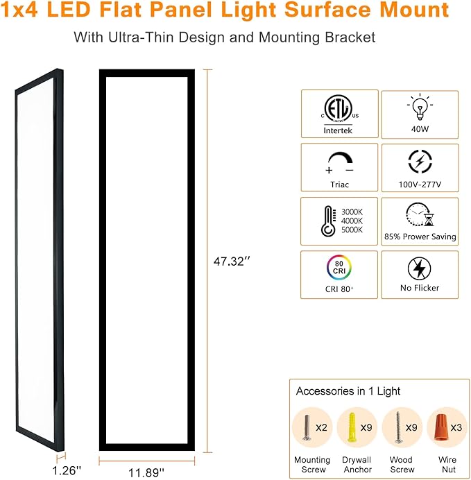 Mcacggo Black 1x4 LED Flat Panel Light Surface Mount, 5000K-4000K-3000K (2 Pack)