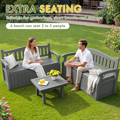 Greesum 80 Gallon Storage Bench Outdoor Deck Box with Armrest, Grey