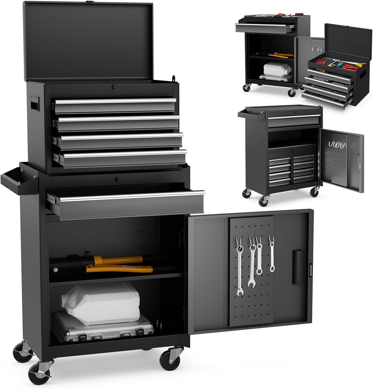 Rolling Tool Chest, 5-Drawer Tool Storage Cabinet with Wheels, Adjustable Shelf & Anti-Slip Liner, Tool Box Organizer for Garage, Warehouse & Workshop (Gray+Black)