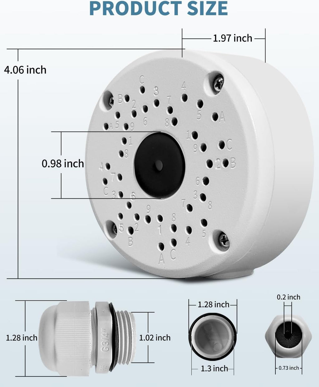 metal security camera junction box, cable concealment box, front angle view