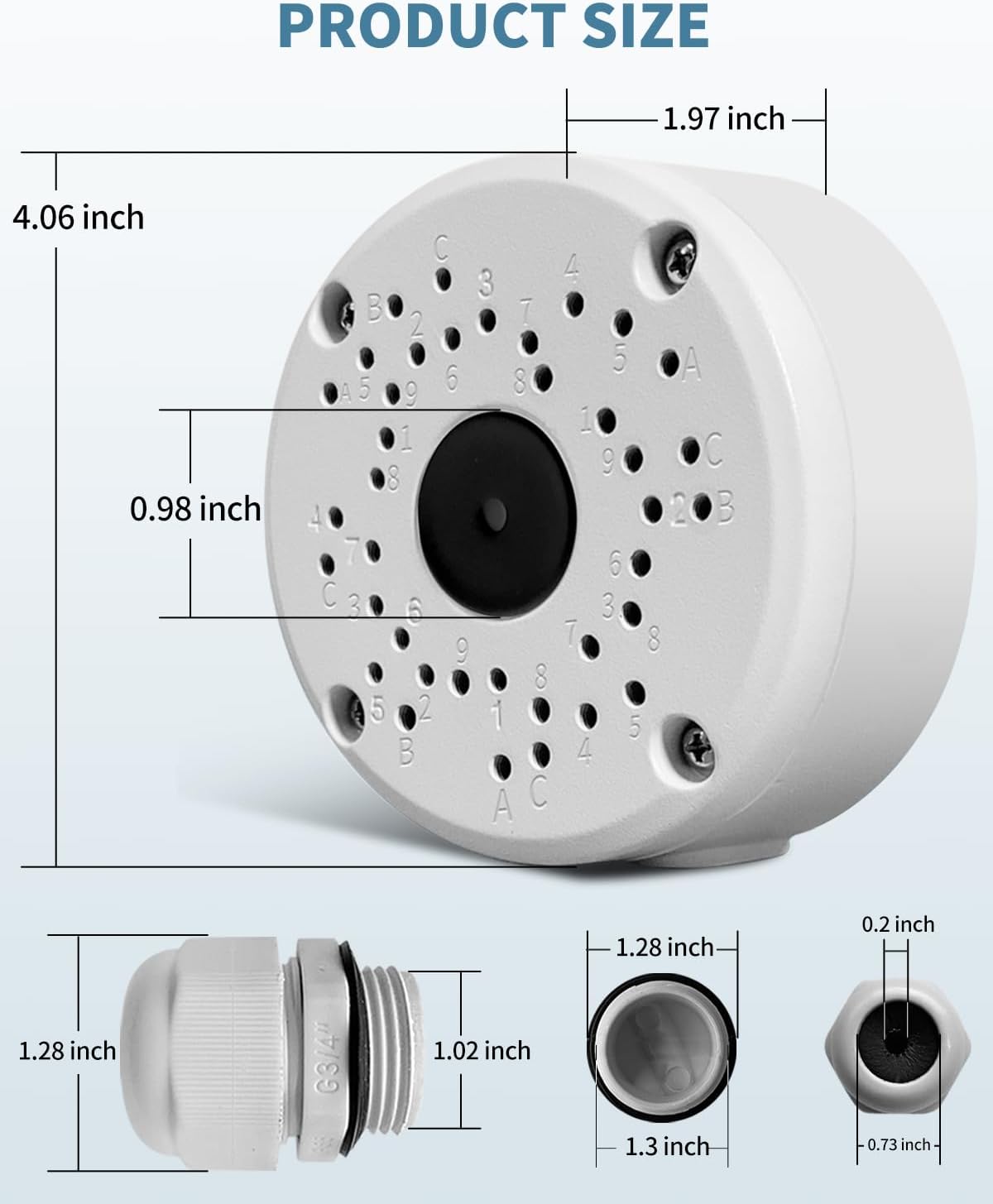 metal security camera junction box, cable concealment box, front angle view