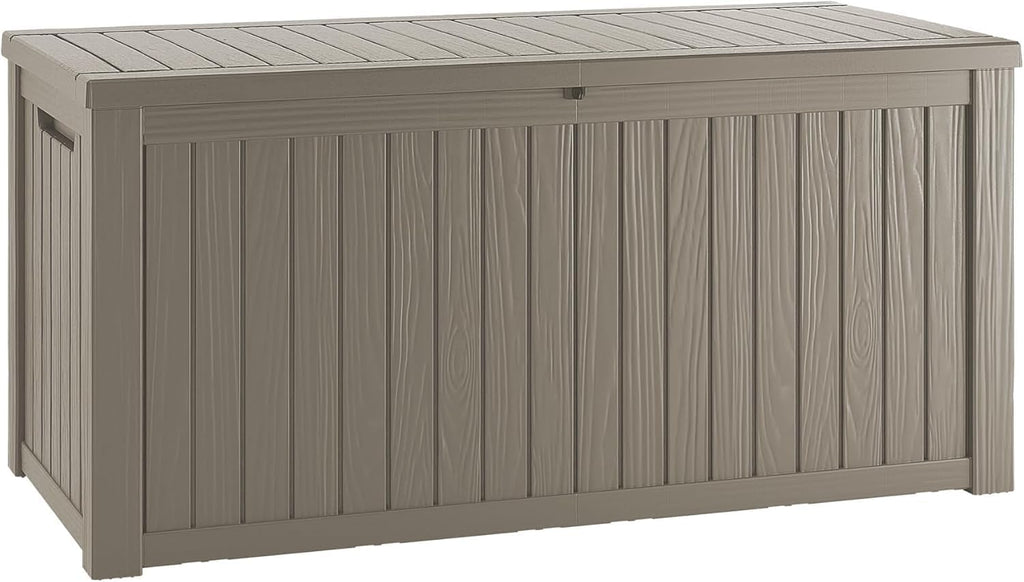 Outdoor Storage Box, 150 Gallon Waterproof Deck Box, Piston-Assisted Resin Trunk for Sectional Sofa Cushions, High-Capacity Lockable Double Storage Bench, Patio Lounge, Grey