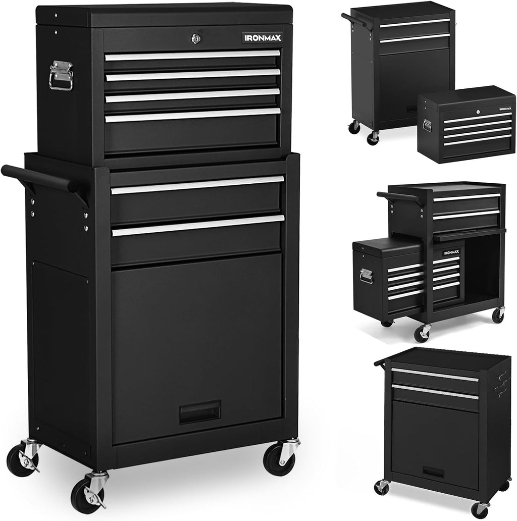 IRONMAX 6 Drawers Rolling Tool Chest, 2 in 1 Detachable Tool Chest, Black