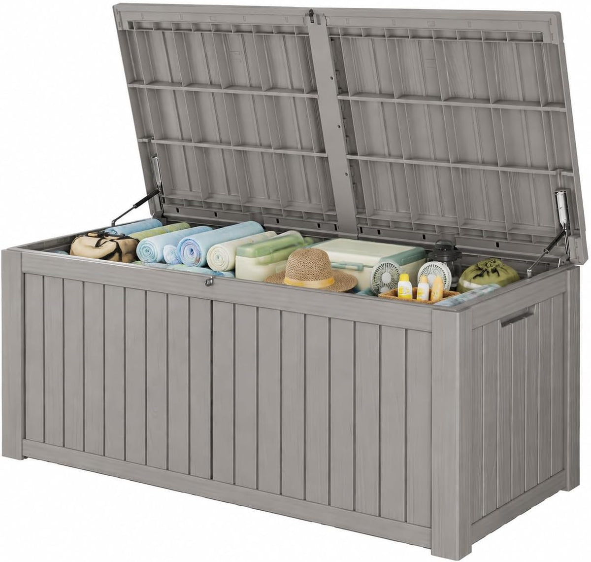 outdoor deck storage box,waterproof,grey,220 gallon on a desk or shelf
