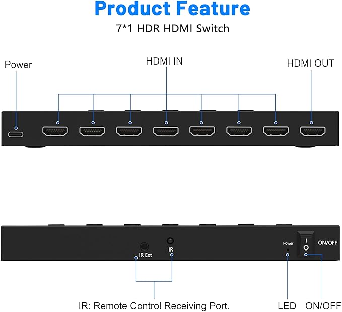 HDMI Switch 7 in 1 Out 4K@60Hz, 7 Port HDMI Switcher Selector Support HDR &
