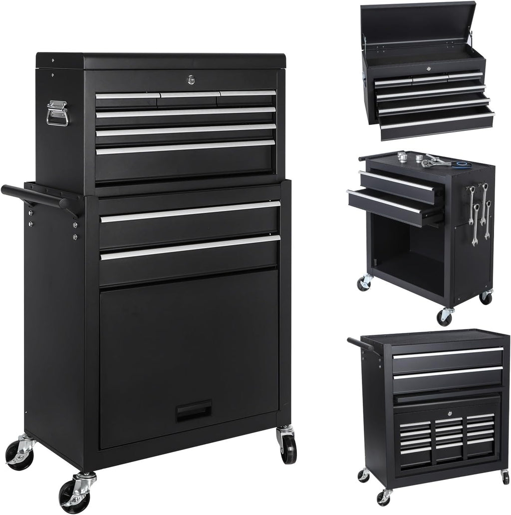 8-Drawer Rolling Tool Chest with Detachable Top Tool Box, Tool Cabinet with Universal Lockable Wheels, Mechanic Tool Organizer Storage Box for Garage Workshop Repair Shop Warehouse (Black)