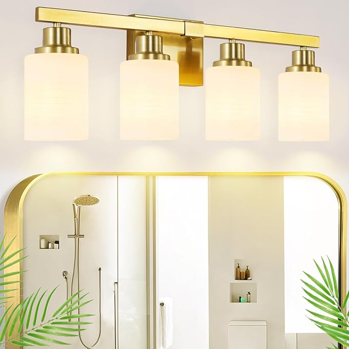 DIKAIDA 4-Light Gold Vanity Light, Modern Gold Bathroom Light Fixtures Over