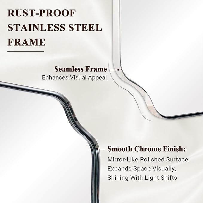 ANDY STAR 30"x30" Chrome Square Mirror, Polished Nickel Scalloped Bathroom