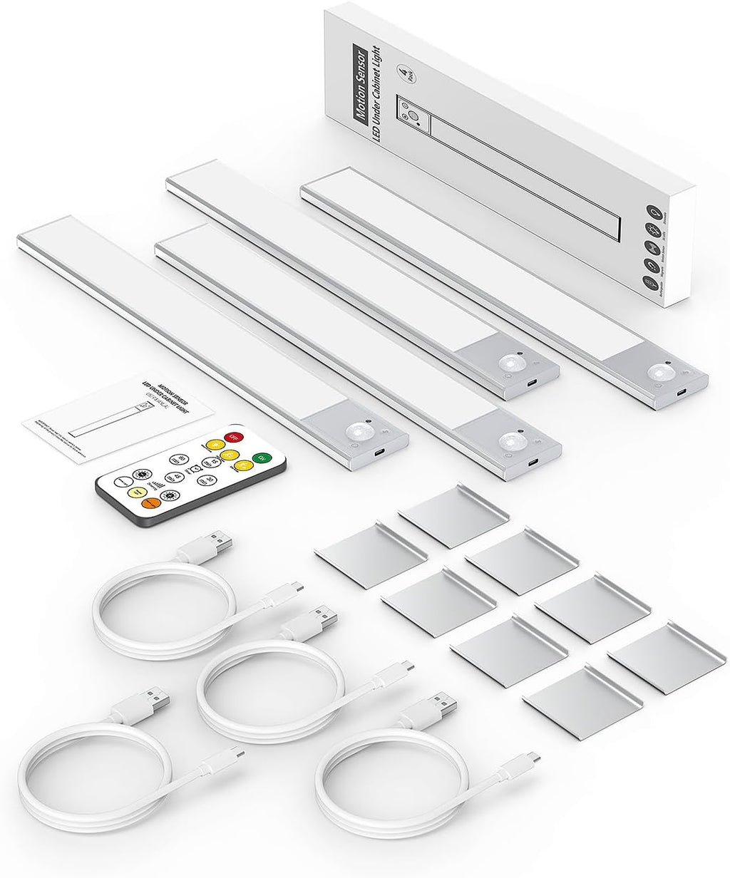 12" Ultra-Thin Under Cabinet Lighting Wireless, Aluminum Alloy Under Counter Lights for Kitchen, 3-Color-Temps Magnetic Closet Lights, Rechargeable Motion Sensor Light Indoor (4 Pack, Silver)