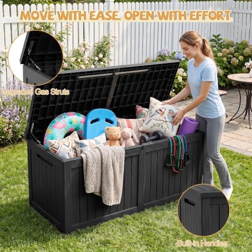 EFU Outdoor Storage Box Waterproof 390 Gal Gen 2 Resin Deck Box Gas Struts