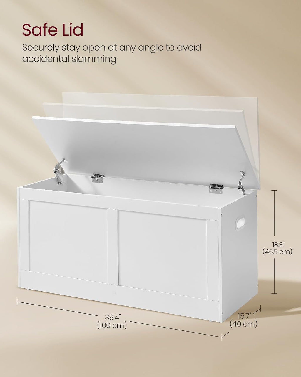 vasagle storage chest with 2 safety hinges, 15.7, close-up detail