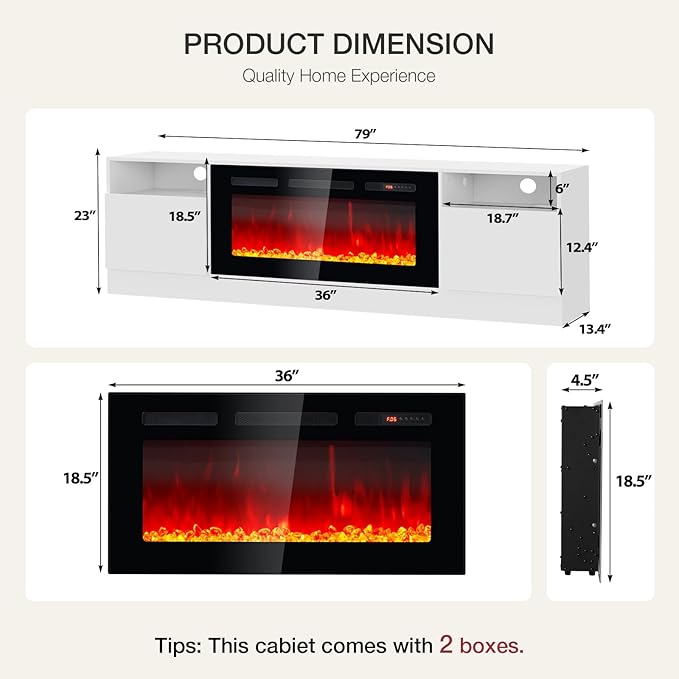 YISUFO 80” TV Stand with 36” Electric Fireplace, Large Modern Media