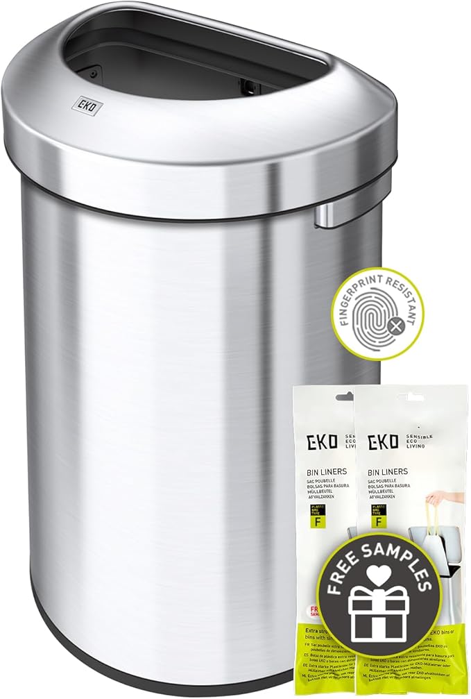 EKO Urban 16 Gallon Semi-Round Open Top Waste Bin, Stainless Steel Half Round