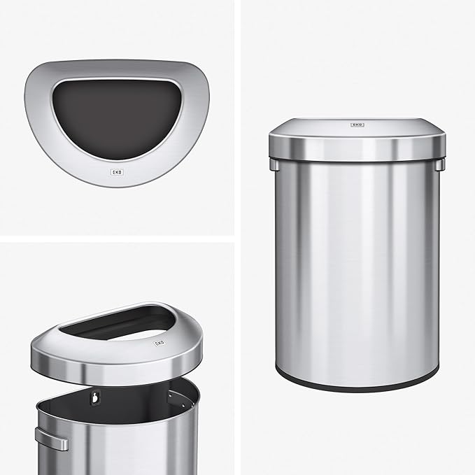 EKO Urban 16 Gallon Semi-Round Open Top Waste Bin, Stainless Steel Half Round