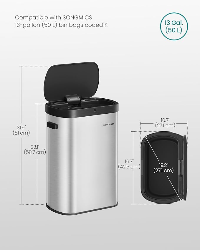 SONGMICS Motion Sensor Trash Can, 13-Gallon Automatic Garbage Can