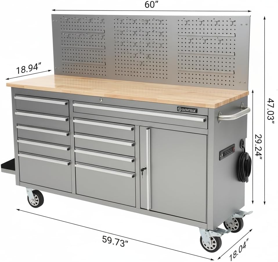 idealhouse 61-inch rolling tool chest, 10 drawers garage shown in use