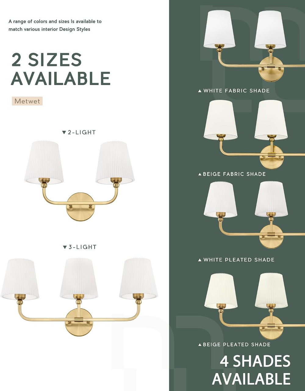 3-Light Brushed Gold Bathroom Vanity Light, Pleated Fabric Shade
