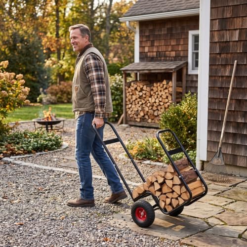 Goplus Firewood Cart with Wheels, Outdoor Indoor Rolling Fire Wood Log Cart with Pneumatic Rubber Tiers, 220 LBS Load Capacity Heavy Duty Steel Wood Storage Hauler, Log Holder Rack for Fireplace