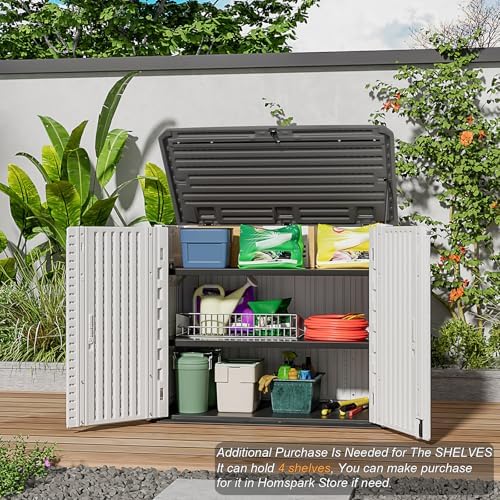 HOMSPARK Storage Shed Weather Resistance, Multi-Purpose Outdoor Storage Cabinet for Backyards and Patios, Horizontal Storage Shed for Lawnmower, Patio Accessories (Off-White, Large - 48 cu.ft)