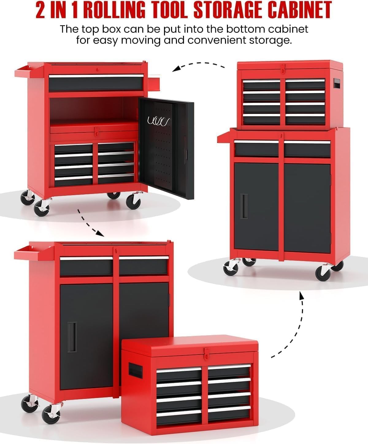 arnot 2-in-1 rolling tool chest with 5 drawers showing dimensions