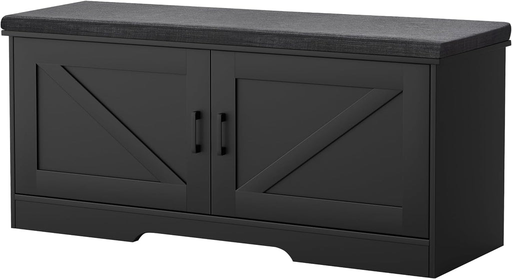 HOMSHO Farmhouse Shoe Storage Bench with 2 Barn Doors & Padded Seat Cushion