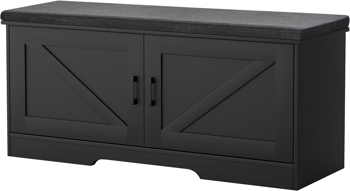 HOMSHO Farmhouse Shoe Storage Bench with 2 Barn Doors & Padded Seat Cushion