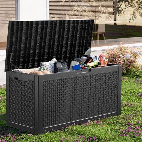 Outdoor Waterproof Resin Storage Deck Box Lockable Outside Bench UV Resistant Bin Patio Porch Furniture Pool Float Garden Tool Cushion (Black, 110 Gallon)
