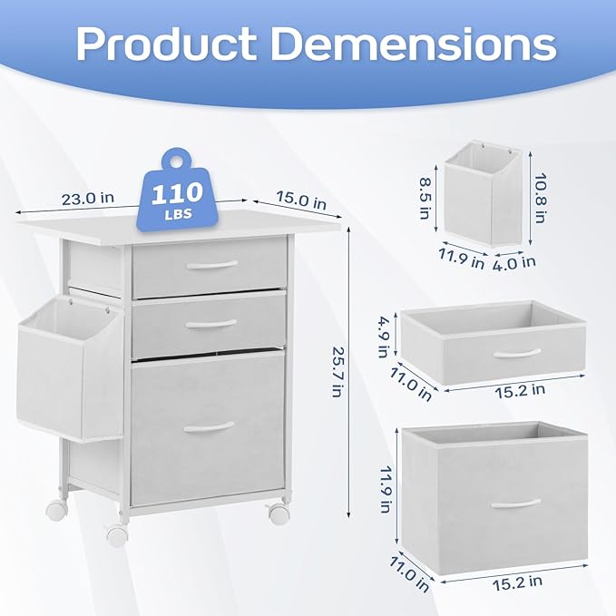 Printer Stand with 3 Fabric Drawer, Mobile File Cabinet