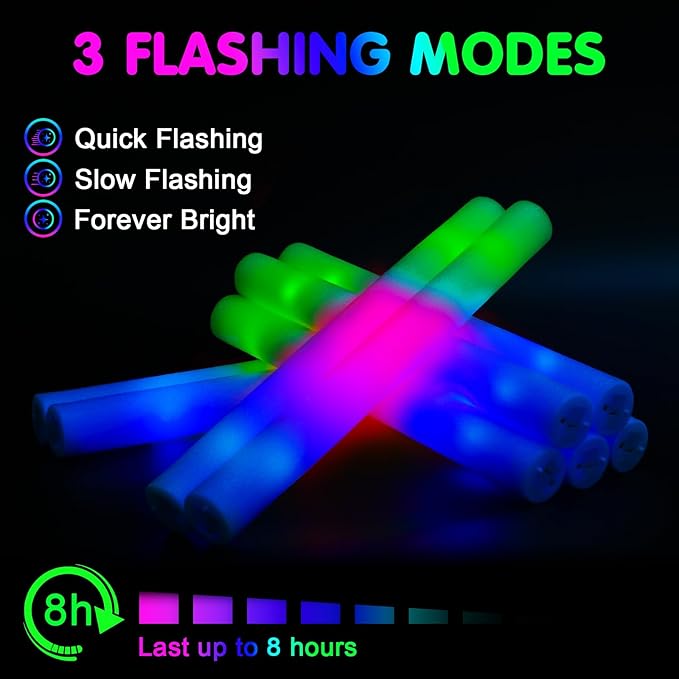 55 PCS Foam Glow Sticks, Foam Light Up Sticks Party Supplies with 3 Mode Colorful Flashing, Glow Sticks Bulk Party Pack, Led Foam Sticks for Birthday, Wedding, Halloween, Carnival, Concert
