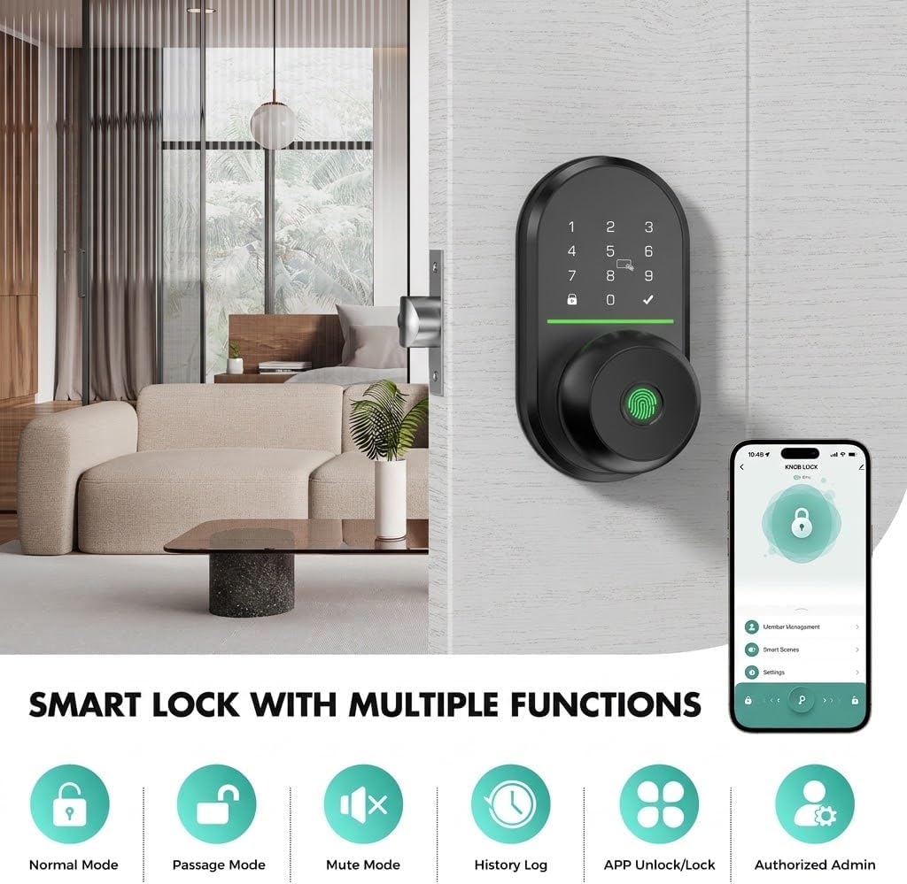 HEI LIANG Smart Door Lock Knob, Fingerprint Keyless Entry, Matte Black