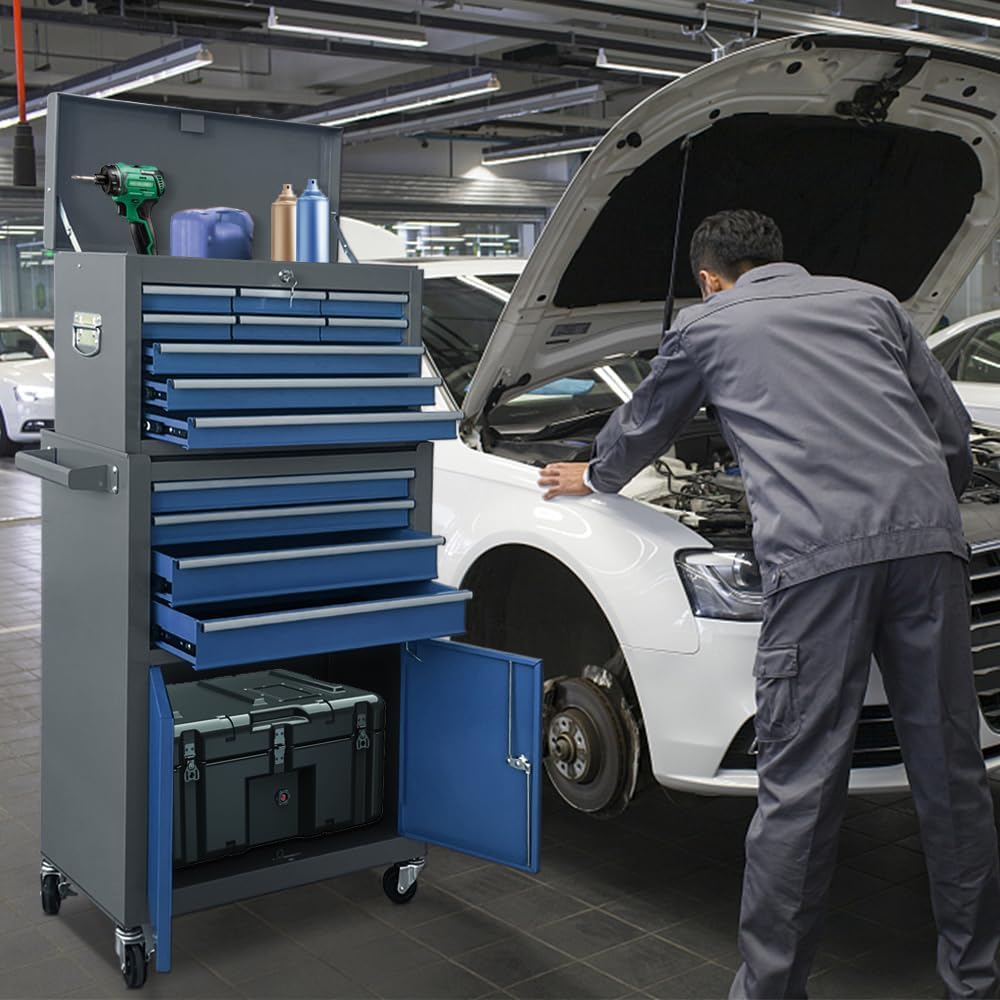 13-drawer tool chest with double door and wheels shown in use