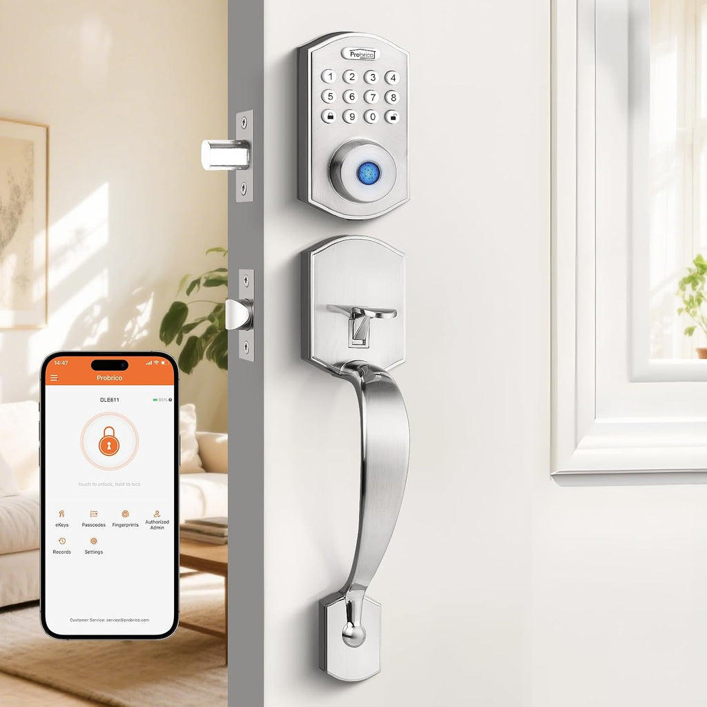 Probrico Smart Keyless Entry Door Lock Deadbolt,Front Door Handleset with Fingerprint Deadbolt, Electronic Digital Keypad Deadbolt Lock with Handle,App,Auto-Locking,Satin Nickel